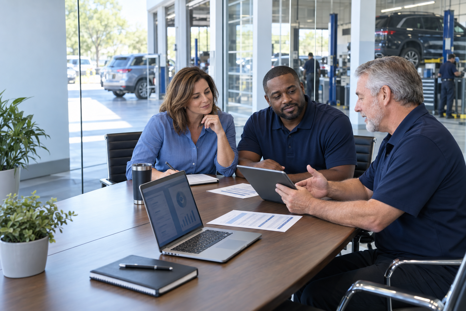 Fixed Ops leaders collaborating in a performance meeting