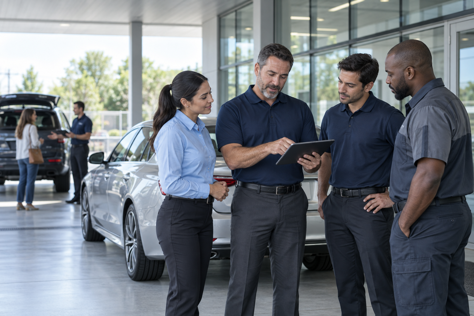 A dealership team practicing service-drive skills together