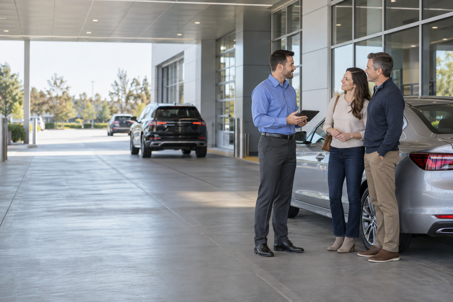 A service advisor helping customers in a dealership service drive